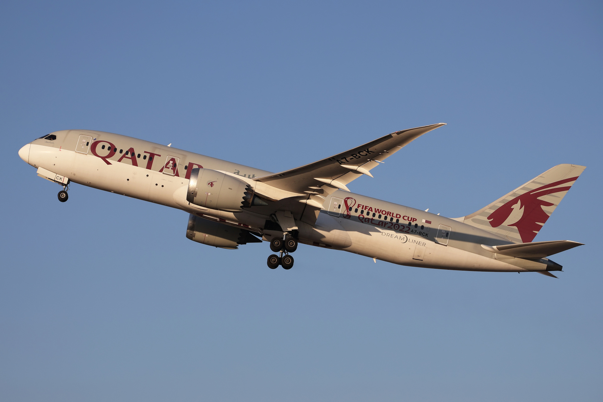 A7-BCK (FIFA World Cup Qatar 2022 livery) (Aircraft » EPWA Spotting » Boeing 787-8 Dreamliner » Qatar Airways)
