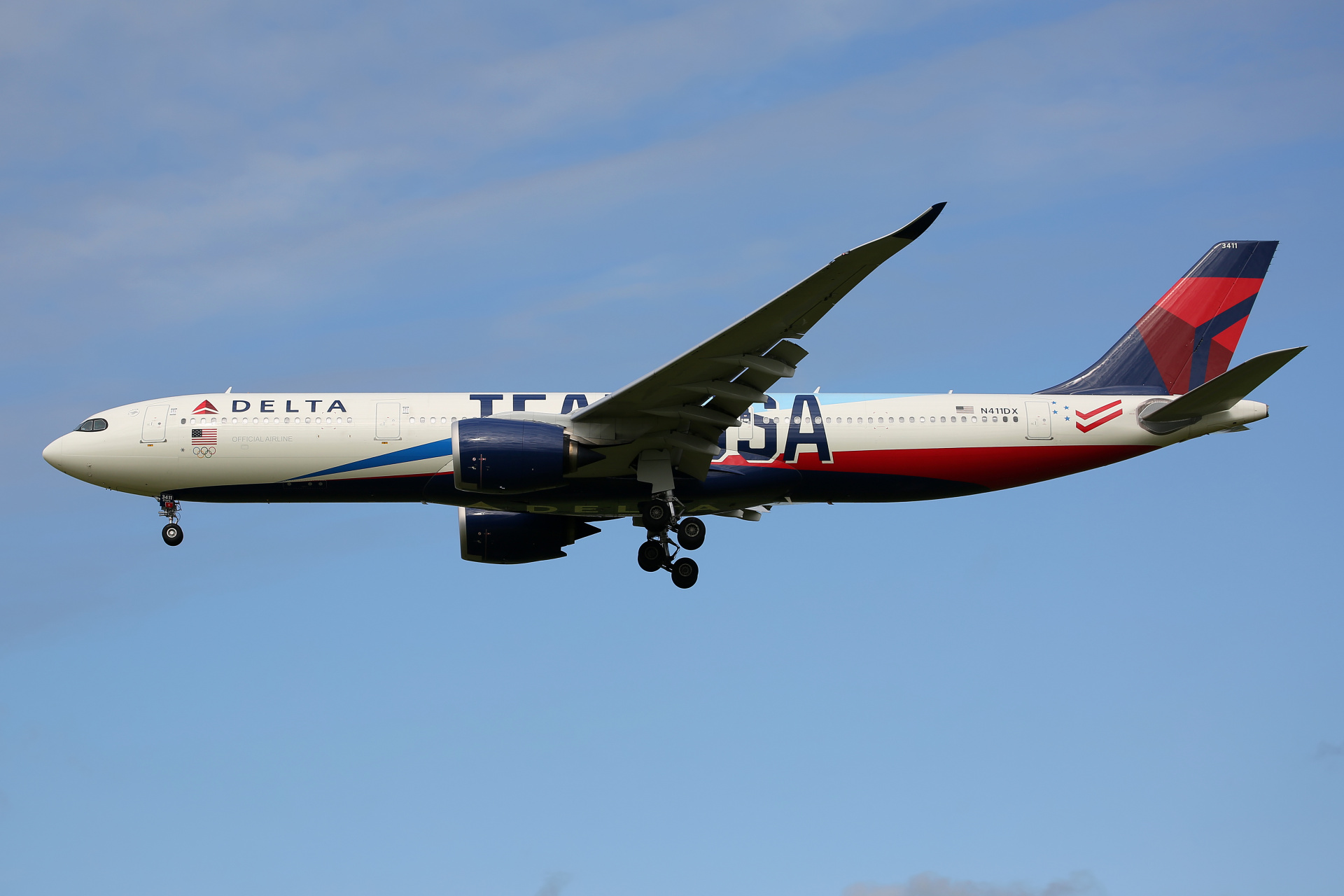 N411DX, Delta Airlines (Team USA livery) (Aircraft » Schiphol Spotting » Airbus A330-900 (A330neo))