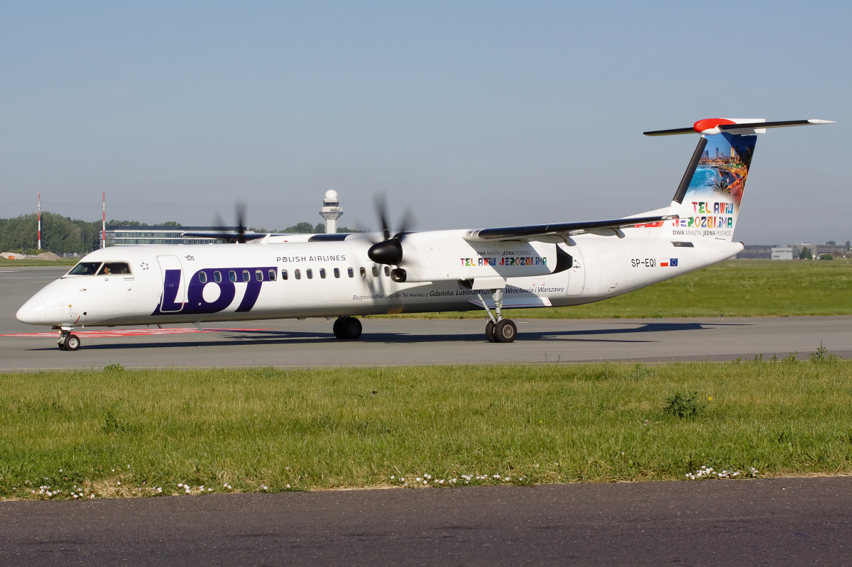 SP-EQI ("Tel Aviv/Jerusalem Flights" wrap) (Aircraft » EPWA Spotting » De Havilland Canada DHC-8 Dash 8 » LOT Polish Airlines)